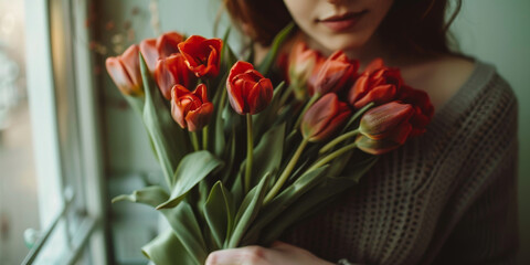Elegant Woman Holding a Bouquet of Vibrant Red Tulips