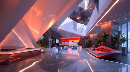 An ultra-modern lobby with geometric shapes and neon lighting.