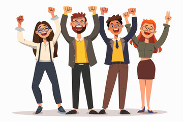 Diverse Team of Five Achieves Success Together, Collaboration and Unity in Business, Triumphant Group Celebrating Victory, Vector Illustration