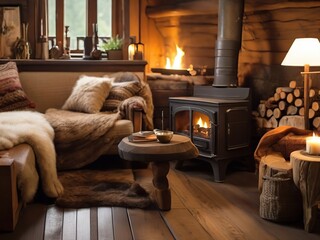 Interior of cozy living room with fireplace, sofa and pillows on wooden floor - 785647941
