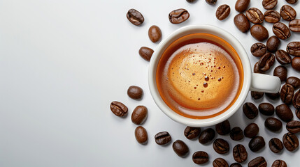 White cup with coffee espresso and coffee beans on a white background. - obrazy, fototapety, plakaty