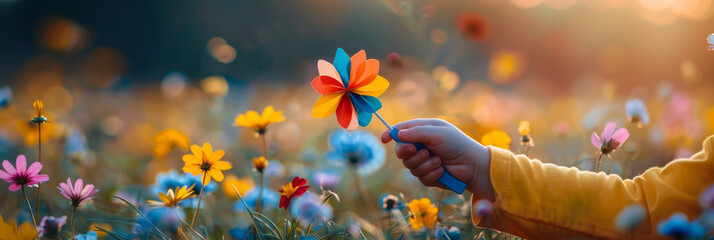 Child Holding Colorful Pinwheel in Sunlit Flower Field at Sunset