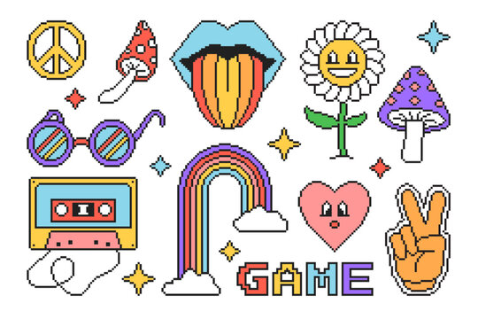Groovy hippie 70s objects set in pixel style. Vector illustration