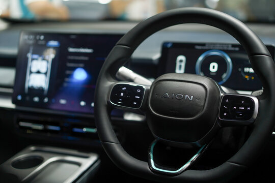 Bangkok, Thailand - April 5th, 2024: AION electric car interior view on display at the Motor Show 2024.