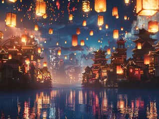 Fototapeta premium Cityscape GlowingFloating Lanterns at Night - Magical Illuminationantasy Landscape Painting