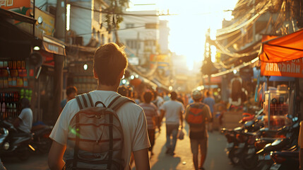 A backpackers journey through a vibrant bustling market in a foreign city capturing the excitement of cultural immersion and the discovery of new experiences. - obrazy, fototapety, plakaty