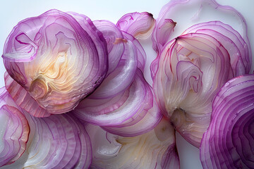 Obraz premium Vibrant Purple Onion Slices Artfully Arranged on Light Background