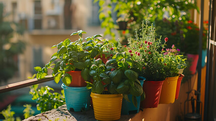 A balcony adorned with a colorful array of herb planters including varieties of basil mint and thyme under a bright afternoon sun.