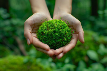 Naklejka na ściany i meble Sustainable Future: Hands Holding a Lush Green Moss Ball in Forest Setting