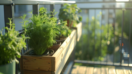 A balcony featuring a biodegradable potting station for herbs emphasizing zero-waste gardening practices with marjoram and dill.
