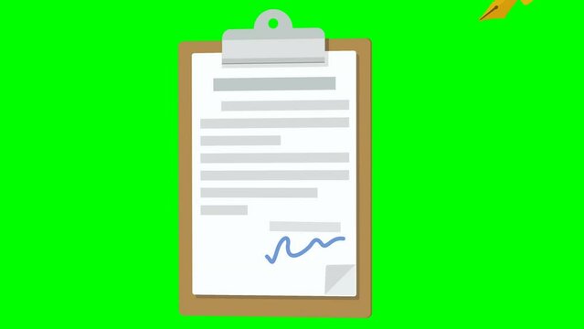 Animation of a clipboard with a document appear with a hand making a signature with a pen on a green background, with alpha channel and transparent background in flat design style