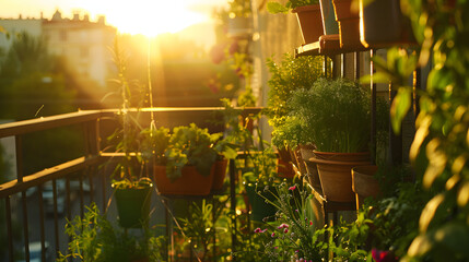 A balcony garden at golden hour featuring a hanging herb garden with tiers of potted chives dill and rosemary basking in the soft sunlight.