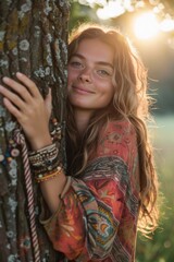 Young smiling hippie woman hugging a tree in nature