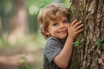 Smiling little boy hugging a tree in nature