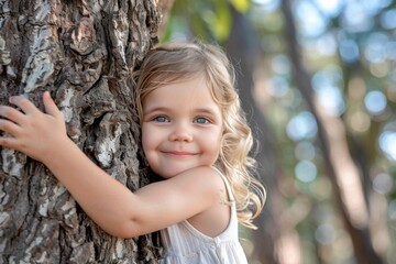 Smiling little girl hugging a tree in nature