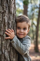 Smiling little boy hugging a tree in nature