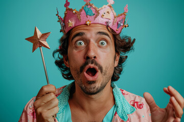 Surprised Man in Playful Crown Holding Magic Wand on Teal Background