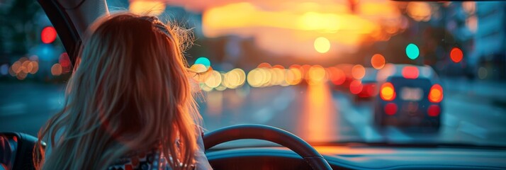 Female driver in control: confidently maneuvering through urban traffic.