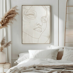 Minimalist frame with a line art drawing on a textured linen wall in a serene bedroom