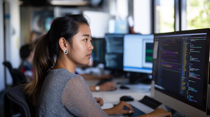 The woman collaborating with her peers on a group project, surrounded by computer monitors and whiteboards filled with code snippets. The natural light enhances the sense of camara