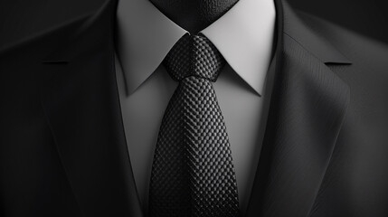 Black business suit with a tie. Male jacket with shirt and tie close up. AI.