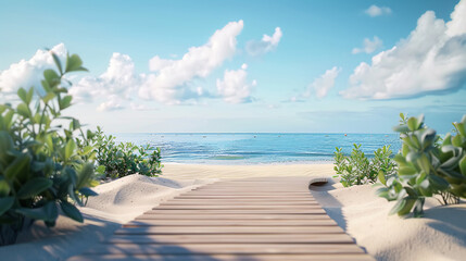A wooden path leads to the beach. AI. - obrazy, fototapety, plakaty