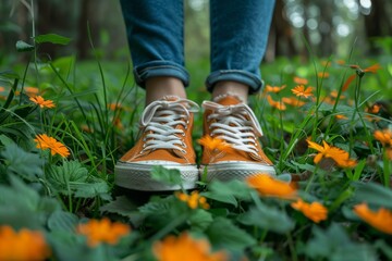 Vibrant orange sneakers stand out against a background of fresh greenery, symbolizing youth and energy