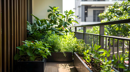 Fototapeta na wymiar A balcony garden utilizing aromatic herbs for natural pest control with plantings of citronella peppermint and lemongrass deterring insects.