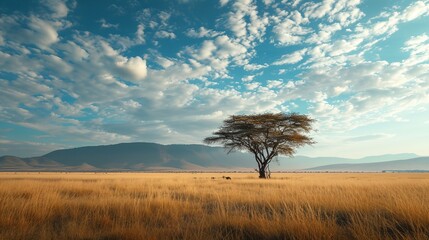 a lone tree in a field with mountains in the background and clouds in the sky above it