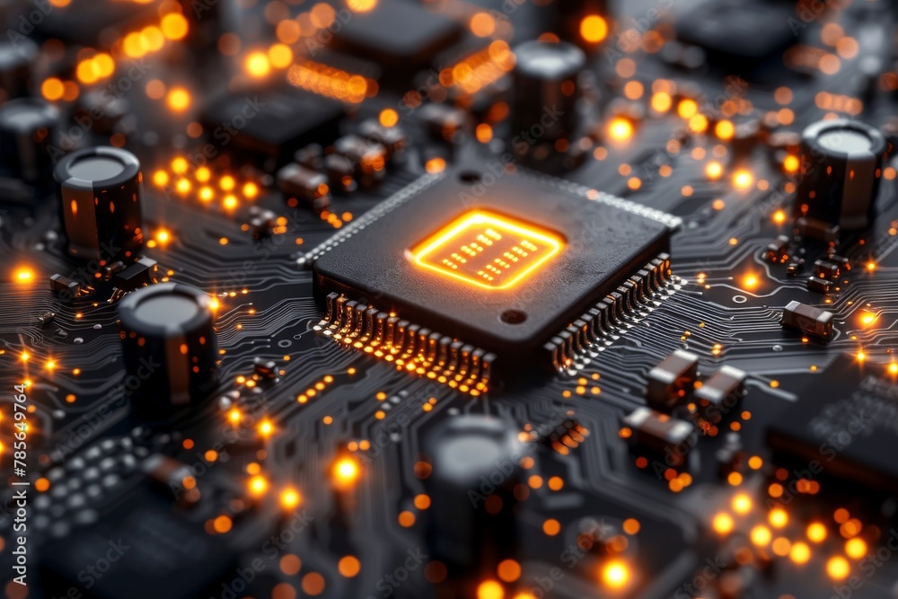 Poster an up-close view of a glowing microchip on a circuit board, illustrating the intricacy of modern com