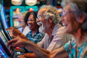 Delightful scene of elderly friends having a blast at slot machines in a vibrant casino