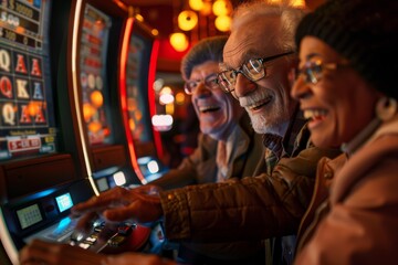 Intense concentration is evident on a senior's face while they engage in a slot machine game in a bustling casino