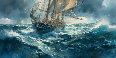 Majestic Sailing Ship Braving the Turbulent Ocean Waves - obrazy, fototapety, plakaty