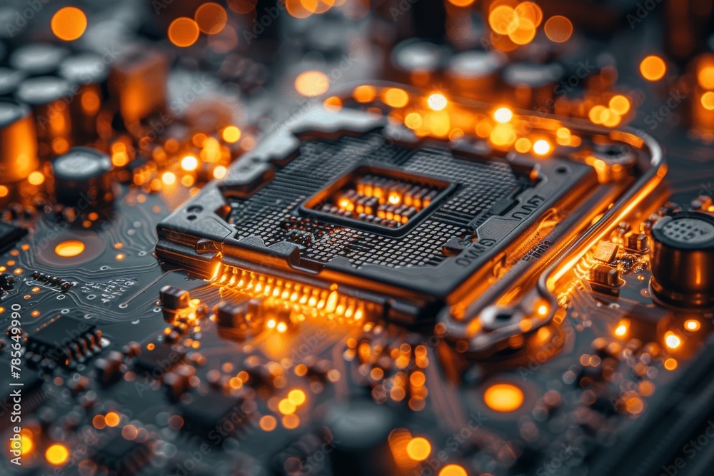 Poster close-up view of a central processing unit in socket with surrounding circuits on a motherboard illu
