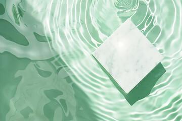 Flat lay of empty marble square podium on transparent water with waves. Pastel green mint background. Product presentation concept - 785649974
