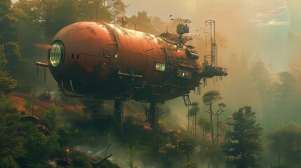 a large red tank sitting in the middle of a forest filled with trees and bushes on a foggy day