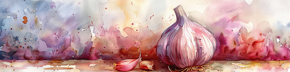Ethereal Watercolor Painting of Garlic Bulb and Cloves