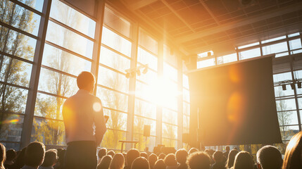 A keynote speaker addressing a captivated audience in a large convention center hall. Sunlight streams in through the windows, spotlighting the speaker and casting long, dramatic s
