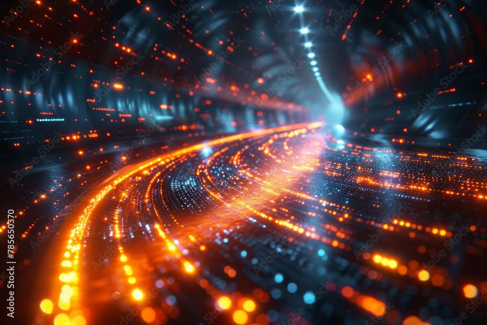 Poster a vivid visual of a data tunnel with flowing red and orange lights representing speed and data trans