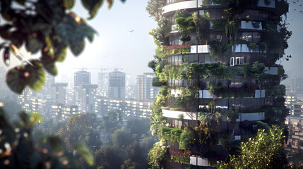 An urban air purification tower utilizing photocatalytic paint to neutralize pollutants and incorporating vertical gardens acting as a large-scale air purifier for the city. - obrazy, fototapety, plakaty