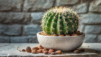 Green cactus in white ceramic pot on stone background. House plant. White brick wall - Powered by Adobe