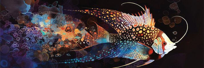 Vibrant Digital Artwork of a Colorful Mandarinfish on Abstract Background - obrazy, fototapety, plakaty