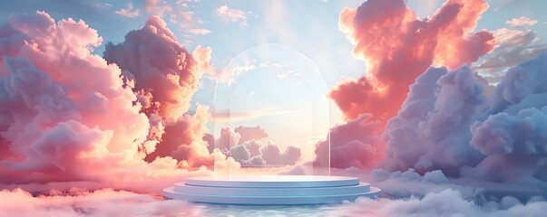 A dream-like setting with a minimal clear podium set against a backdrop of soft, pastel clouds,...