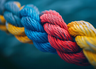 Close-up of colorful intertwined ropes showcasing a variety of rich textures and intricate twists against a blurred background, 
