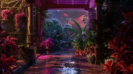 a garden with a walkway and a fountain surrounded by flowers and plants in the background