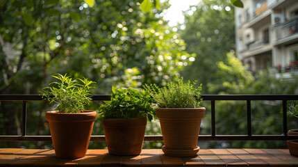 An urban balcony transformed into a mini herb sanctuary featuring terracotta pots of thyme parsley and chives.