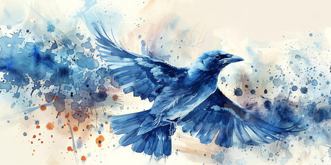 Majestic Blue Crow in Flight: A Watercolor Artwork