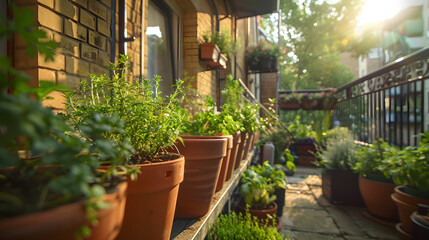 Fototapeta na wymiar An urban balcony transformed into a mini herb sanctuary featuring terracotta pots of thyme parsley and chives.
