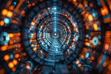 A perspective view through a digital vortex tunnel, symbolizing data flow, cyber technology, and...