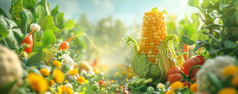 A magical 3D vegetable kingdom with cute characters such as a princess corn and knight cucumber, designed to captivate kids' imaginations